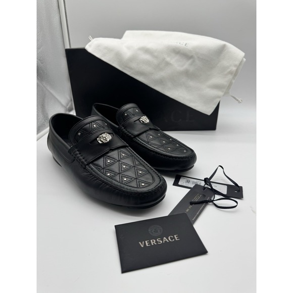 Versace Imola Medusa Leather Moccasins Black Studded Driver Loafers Size 39 New
